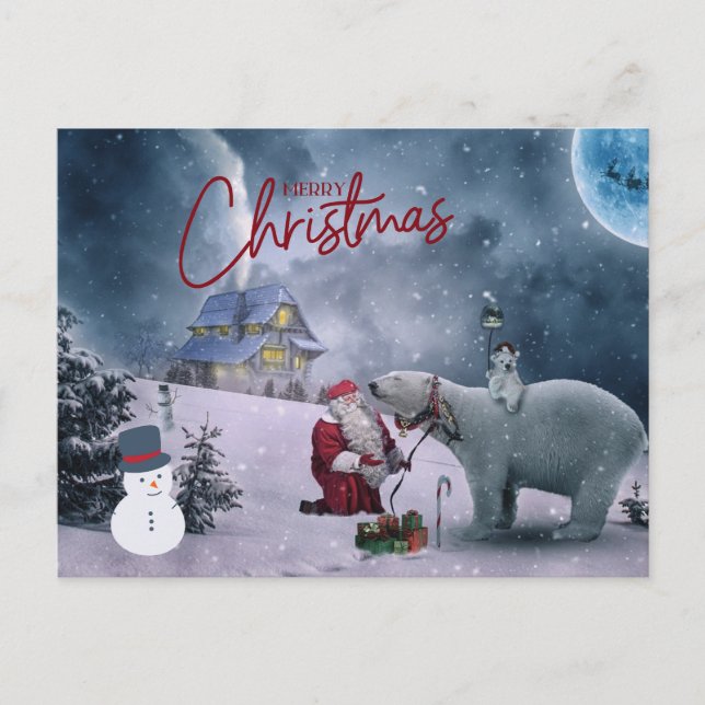 Cartão Postal Feliz Papai noel de Natal e Urso Polar (Frente)