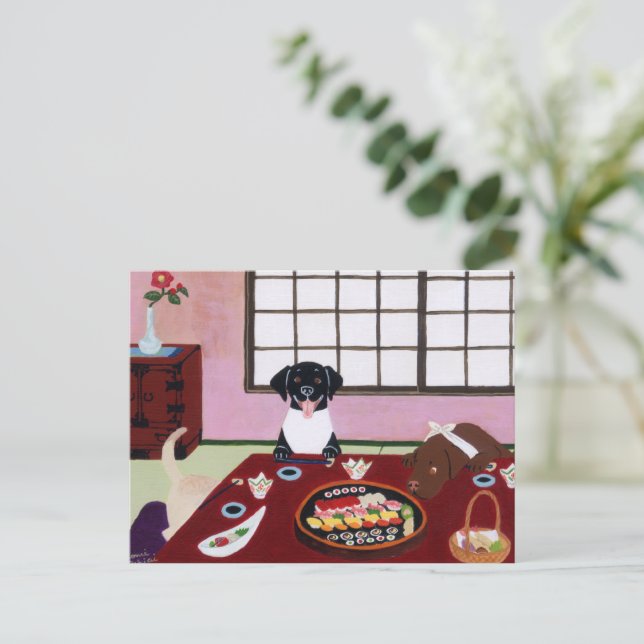 Cartão Postal Feliz Partido Sushi Labradores (Em pé/Frente)