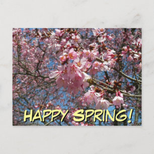 Cartão Postal Feliz Primavera Cherry Blossoms e Bee Postcard