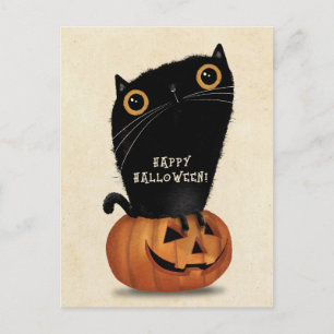 Cartão Postal Feliz Pumpkin de Gato Negro Bonito de Halloween