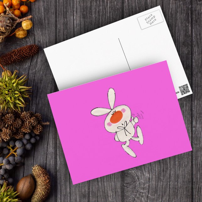 Cartão Postal Feliz Rabbit Branco Canto Dançante (Cute white bunny orange nose thumbs up sign on vibrant pink postcard.)