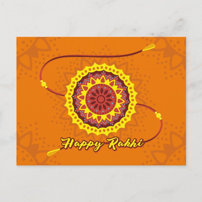 Cartão Postal Feliz Raksha Bandhan, laranja, pulso amarelo (Frente)