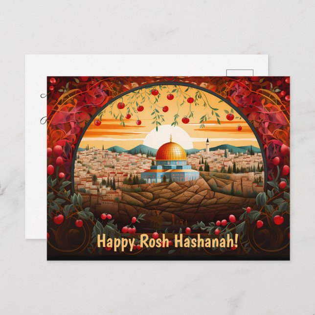 Cartão Postal Feliz Rosh Hashanah com Domo de Rock & Maçãs (Frente/Verso)