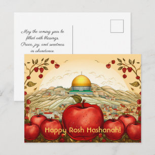 Cartão Postal Feliz Rosh Hashanah com maçãs e Domo do Rock