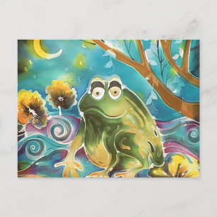 Cartão Postal Feliz Sapo Whimsso na Pintura da Seda Noturna