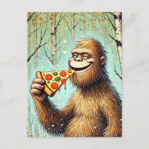 Cartão Postal Feliz Sasquatch Engraçado e Pizza