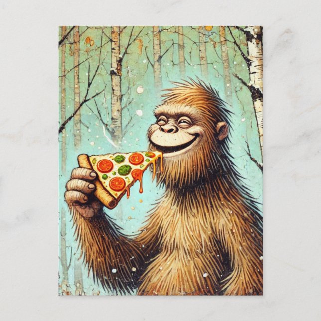 Cartão Postal Feliz Sasquatch Engraçado e Pizza (Frente)