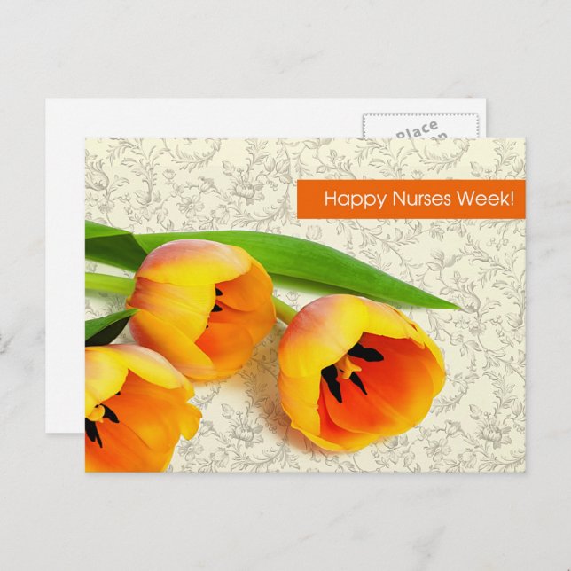 Cartão Postal Feliz Semana das Enfermeiras. Tulipas de primavera (Frente/Verso)