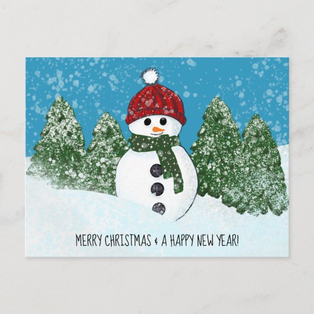 Cartão Postal Feliz Snowman Feliz Natal e Feliz ano novo (Frente)