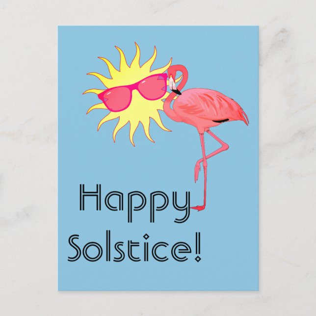 Cartão Postal Feliz Solstício Flamingo e face do Sol (Frente)