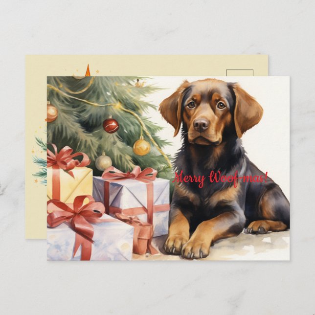 Cartão Postal Feliz Woof-mas Árvore de Cachorros Apresenta Natal (Frente/Verso)
