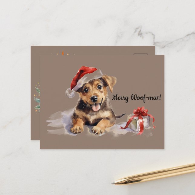 Cartão Postal Feliz Woof-mas Cachorro Apresenta Natal (Frente/Verso In Situ)