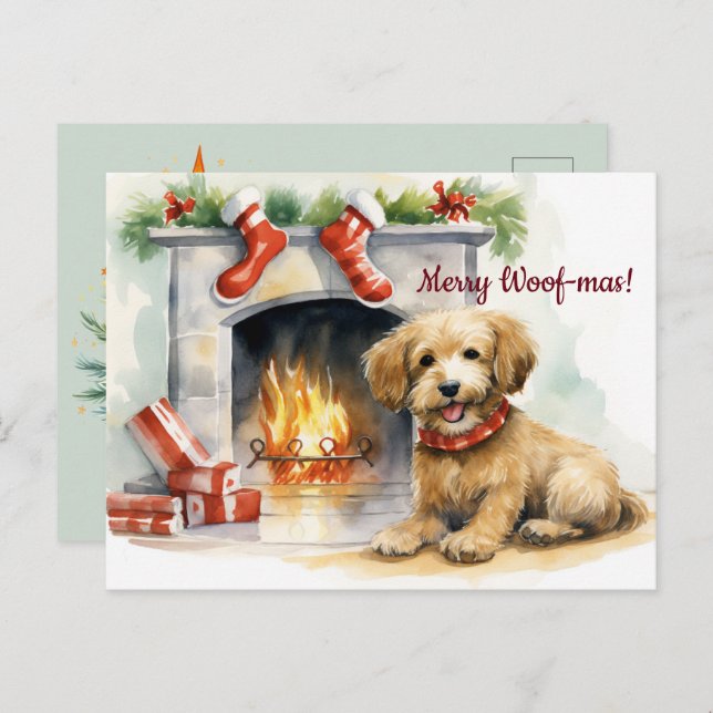 Cartão Postal Feliz Woof-mas Lareira de Natal (Frente/Verso)