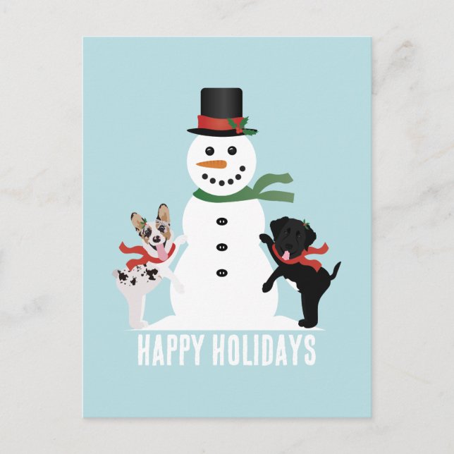 Cartão Postal Felizes Cães Feriados Construindo Um Neve (Frente)