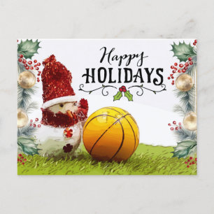 Cartão Postal Felizes feriados de basquete com Snowman