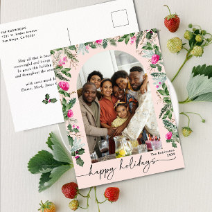 Cartão Postal Felizes Feriados do Arco Verde de Berries Rosa-Ros