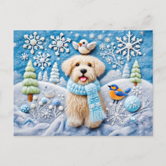 Cartão Postal Felt Dog em cena de inverno de neve (Frente)