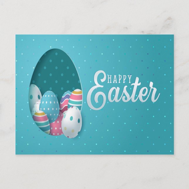 Cartão Postal Felz pascoa Azul Cor-de-rosa Ovos Brancos Saudação (Frente)
