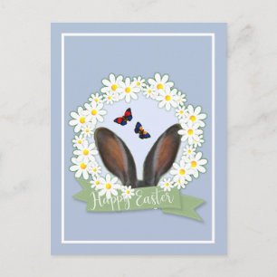 Cartão Postal Felz pascoa Bunny Ears Daisies Wreath