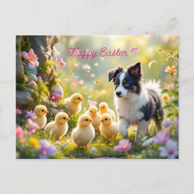 Cartão Postal Felz pascoa Collie e Pintinhos (Frente)