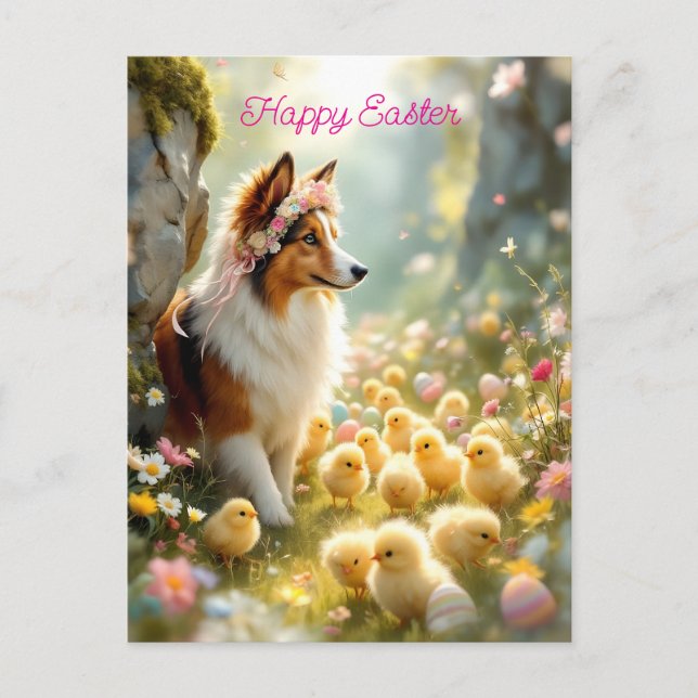 Cartão Postal Felz pascoa Collie e Pintinhos (Frente)