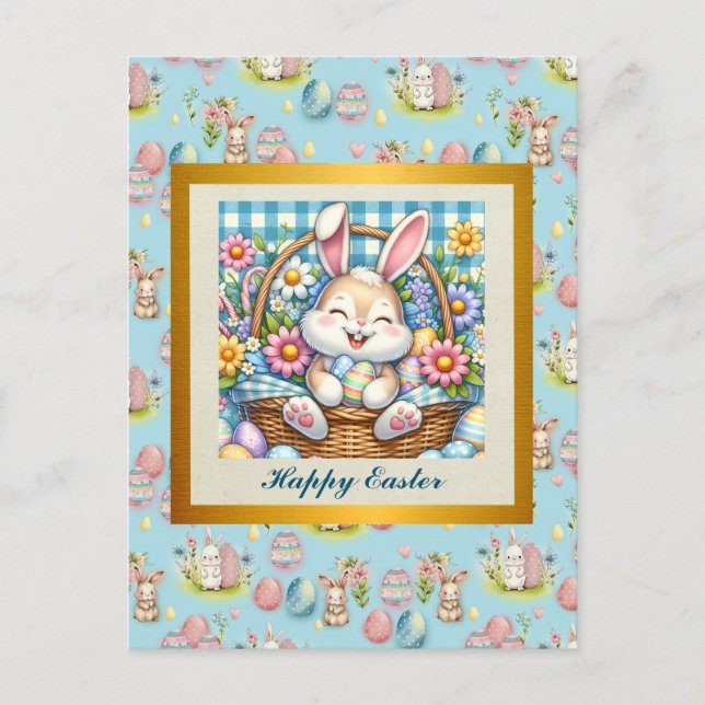 Cartão Postal Felz pascoa com coelhinhos, ovos e flocos (Frente)