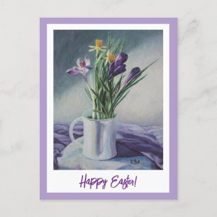 Cartão Postal Felz pascoa roxo crocusa vintage belice art