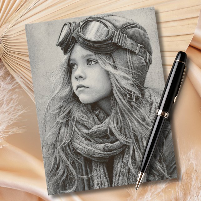 Cartão Postal Female Pilot Black Sketch Girl Aviation Birthday  (Criador carregado)