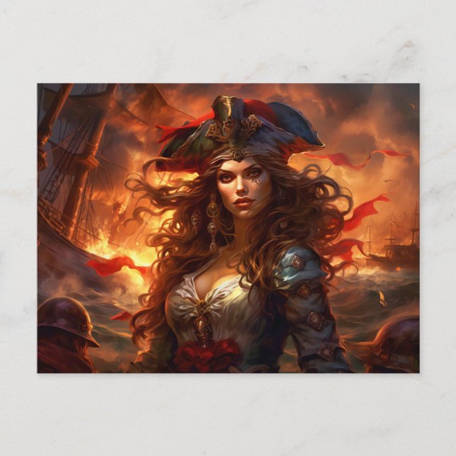 Cartão Postal Female Pirate Before Burning Ship Fantasy Painting (Frente)
