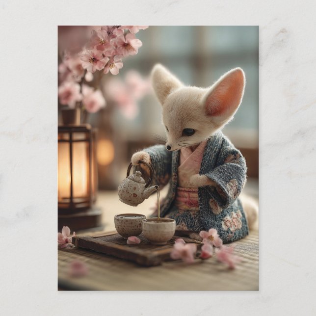 Cartão Postal Fennec Fox em Kimono Executando Cerimônia Tea (Frente)