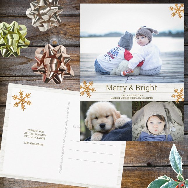 Cartão Postal Feriado de Colagem de Fotografias Dourado Snowflak (Personalize this 3 photo Christmas postcard with your name, pictures and custom holiday greeting.)