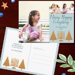 Cartão Postal Feriado de Colagem de Fotos Azul 3 Dourado da feli<br><div class="desc">Um modelo de cartão postal de 3 fotos para você personalizar para o ouro elegante e a Feliz azul interconfessional Feliz Tudo cartões de natal. A frente desses cartões postais de ouro falso e azul pastel apresentam árvores de Natal modernas e uma Menorah dourada junto com dois pequenos e um...</div>