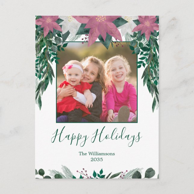 Cartão Postal Feriado de Foto de Poinsettia Branca Rusta Rosa (Frente)