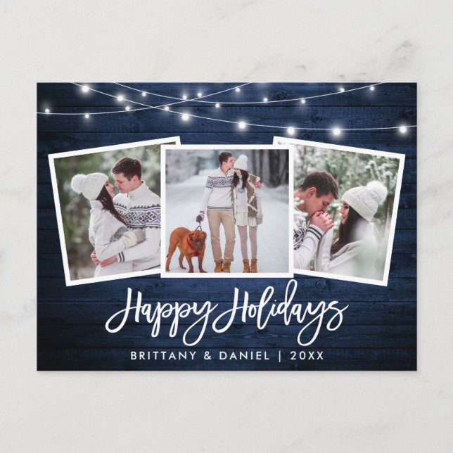 Cartão Postal Feriado de Fotografia das Luzes Azuis de Madeira d (Frente)