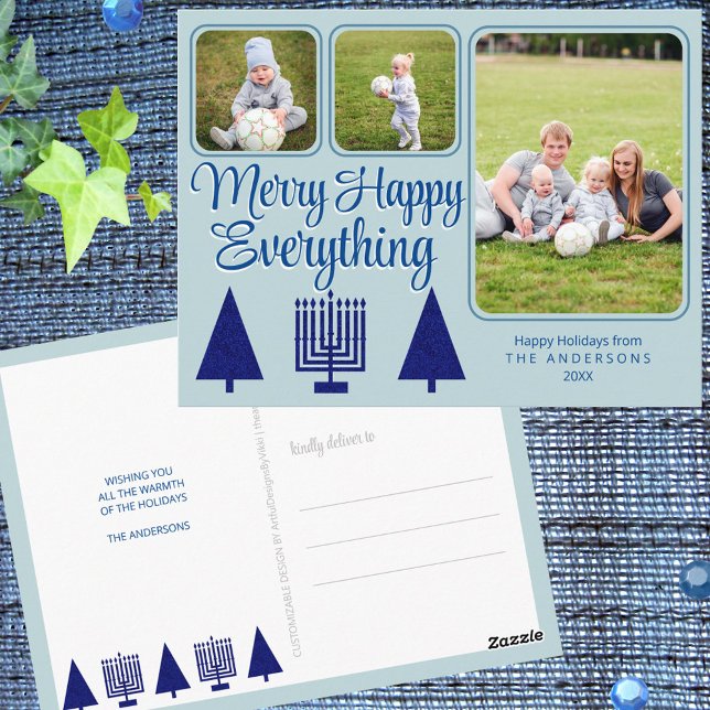 Cartão Postal Feriado de Fotografia em Crianças da Família Inter (Add your photos and text to these custom MERRY HAPPY EVERYTHING holiday postcards)