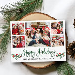 Cartão Postal Feriado de Fotografia Holly 5<br><div class="desc">Cláusula de Caligrafia Moderna Script 5 Fotografia Família Colagem Feliz Feriados Cartão postal inclui Watercolor Christmas Holly Berries - Script Verde</div>