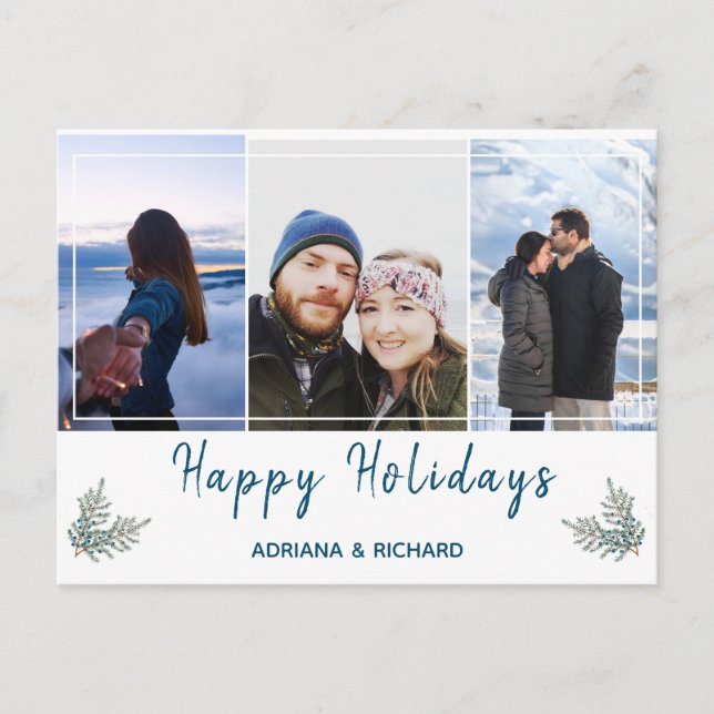 Cartão Postal Feriado de Natal azul 3 fotos (Frente)