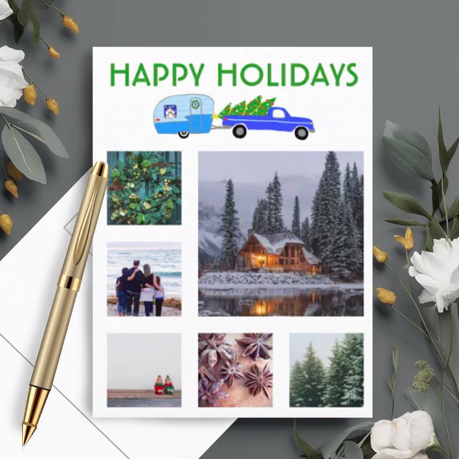 Cartão Postal Feriado de Natal de Campanha de Caminhão FOTO PERS (Custom photo holiday postcard with cute camper and truck.)