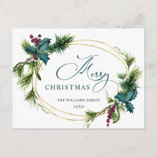 Cartão Postal Feriado de Natal Elegante Holly Berry Pine