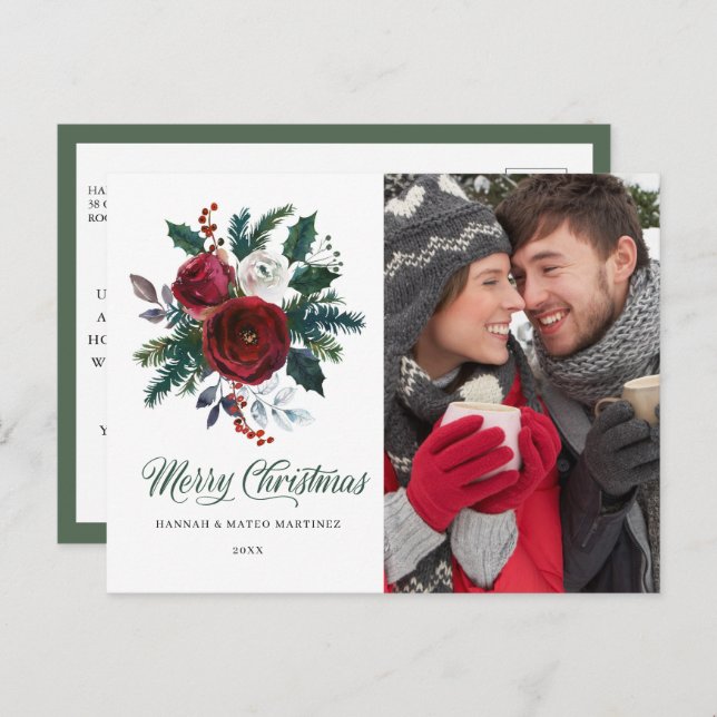 Cartão Postal Feriado de Natal Red Floral Holly (Frente/Verso)