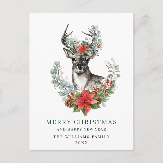 Cartão Postal Feriado de Saudação do Natal Deer Poinsettia (Frente)