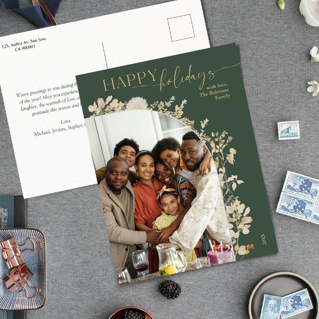 Cartão Postal Feriado Dourado Botânico Verde-Chic (Criador carregado)