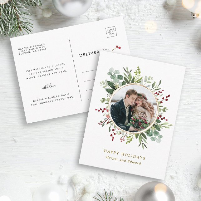 Cartão Postal Feriado Dourado de Natal em Verde Botânico (Front & Back)