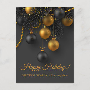 Cartão Postal Feriado Elegante de Bolas de Natal Pretas e Dourad