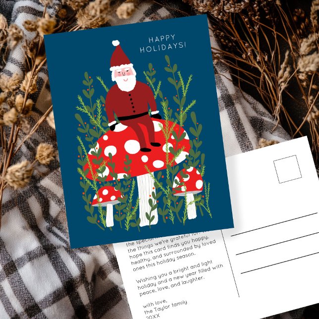 Cartão Postal Feriado PERSONALIZADO de Cogumelos Mágicos de Papa (Cute Santa Claus Magical Mushrooms CUSTOM Happy Holidays Art Postcard
)