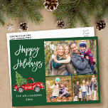 Cartão Postal Feriado Verde de Foto do Script de Pincel Moderno<br><div class="desc">Manuscrito em Pincel Moderno Watercolor Vintage Red Truck com Árvore de Natal - Feliz Cartão-Postal Verde de Férias 3</div>