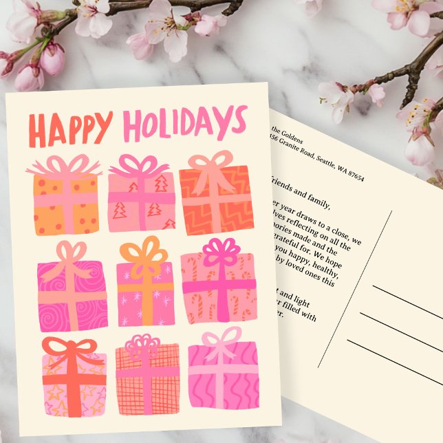 Cartão Postal FERIADOS FELIZES Presentes Presentes PERSONALIZADO (HAPPY HOLIDAYS Gifts Presents Christmas CUSTOM Pink Hand-drawn Postcard
)