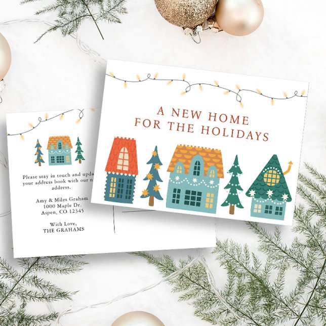 Cartão Postal Férias em Casa Nova (A New Home For The Holidays Postcard with cute retro houses)