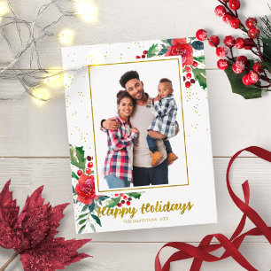 Cartão Postal Férias Felizes Flores Vermelhas Foto de Natal