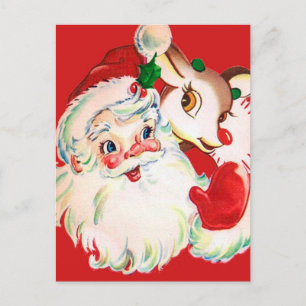 Cartão Postal FÉRIAS FELIZES   Papai Noel e Rudolph Antigos